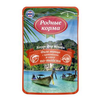 Родные Корма - Паучи заморские для кошек, филе тунца с креветками в соусе по-тайски 70г