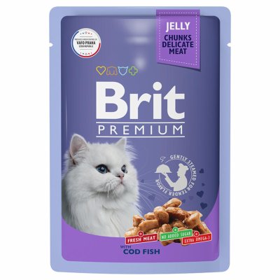 Brit - Пауч для взрослых кошек, С Треской, в желе, 85 гр Brit - Пауч для взрослых кошек, С Треской, в желе, 85 гр