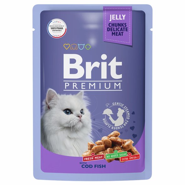 Brit - Пауч для взрослых кошек, С Треской, в желе, 85 гр