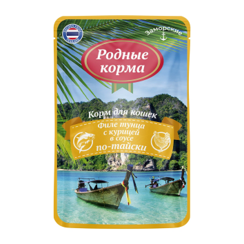 Родные Корма -  Паучи заморские для кошек, филе тунца с курицей в соусе по-тайски 70г