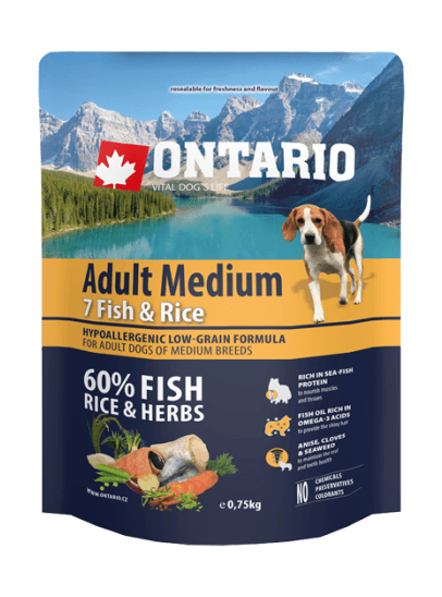 8319.580 Ontario Adult Medium 7 Fish  Rice  Syhoi korm dlya sobak srednih porod s 7 vidami ribi i risom . Zoomagazin PetXP adult-medium-7-fish--rice.png