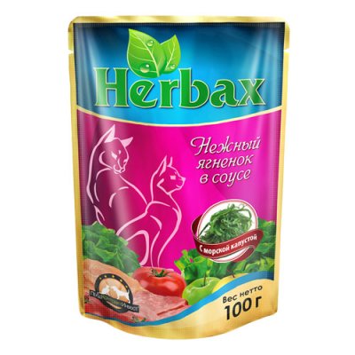 Herbax - консервы для кошек, Нежный ягненок с морской капустой в соусе, 100гр.