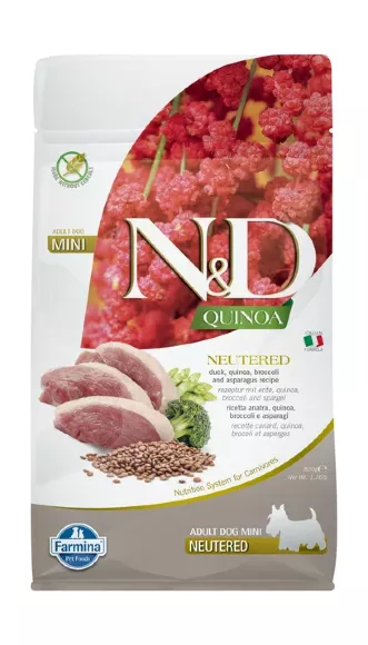 Farmina N&D GF Quinoa Duck, Broccoli & Asparagus Neutered Adult Mini - Сухой корм для собак, утка и киноа для стерилизованных и кастрированных собак 2,5 кг