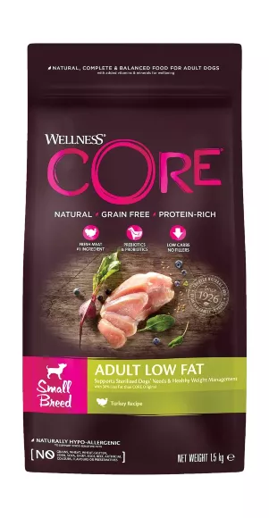 Wellness Core Low Fat Small Breed - Облегченный корм из индейки с курицей для взрослых собак мелких пород