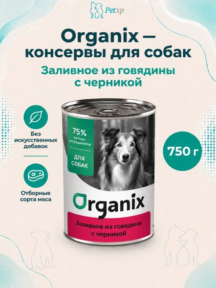 Organix - Консервы для собак, Заливное из говядины с черникой