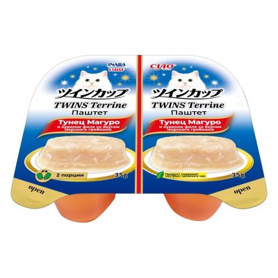 Inaba Ciao Twins Terrine - Паштет для кошек, тунец магуро и куриное филе со вкусом морского гребешка, 35гр Inaba Ciao Twins Terrine - Паштет для кошек, тунец магуро и куриное филе со вкусом морского гребешка, 35гр