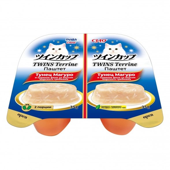 Inaba Ciao Twins Terrine - Паштет для кошек, тунец магуро и куриное филе со вкусом морского гребешка, 35гр