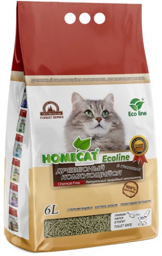 Homecat - Ecoline древесный комкующийся наполнитель в гранулах для кошачьих туалетов