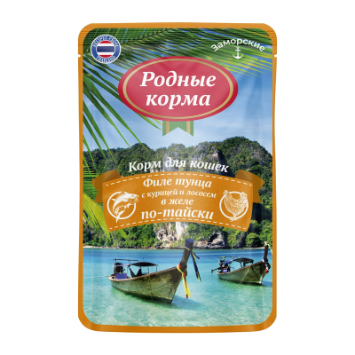 Родные Корма - Паучи заморские для кошек, филе тунца с курицей и лососем в желе по-тайски 70г Родные Корма - Паучи заморские для кошек, филе тунца с курицей и лососем в желе по-тайски 70г