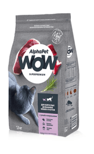 AlphaPet Wow - Сухой корм для взрослых домашних котов и кошек, с Уткой и Потрошками
