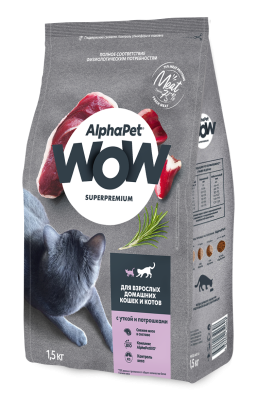 AlphaPet Wow - Сухой корм для взрослых домашних котов и кошек, с Уткой и Потрошками AlphaPet Wow - Сухой корм для взрослых домашних котов и кошек, с Уткой и Потрошками
