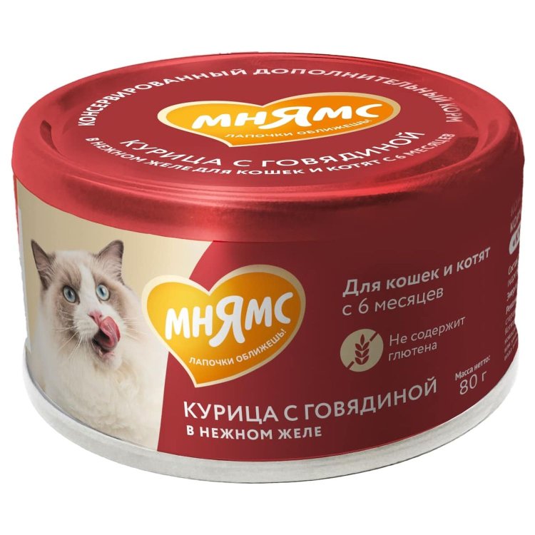 Мнямс - Влажный дополнительный корм для кошек и котят старше 6 месяцев, курица с говядиной в нежном желе 80 г