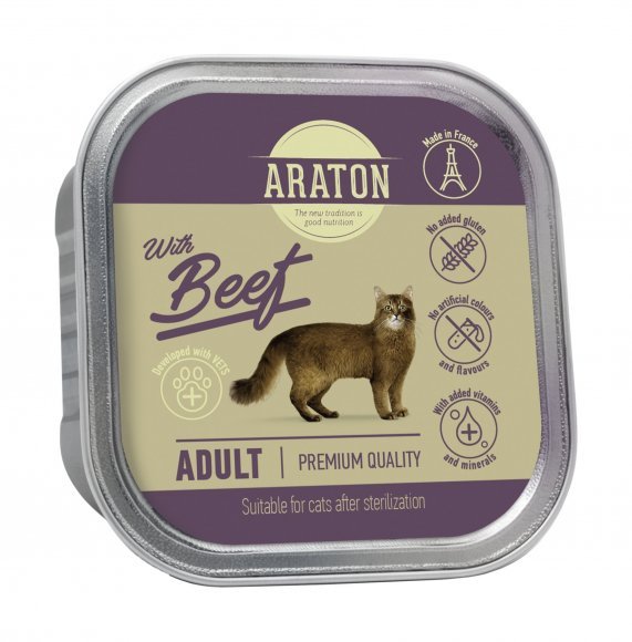Araton - Консервы безглютеновые консервы для взрослых кошек, с говядиной 85г