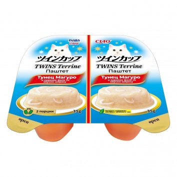 Inaba Ciao Twins Terrine - Паштет для кошек, тунец магуро и куриное филе со вкусом ширасу, 35гр