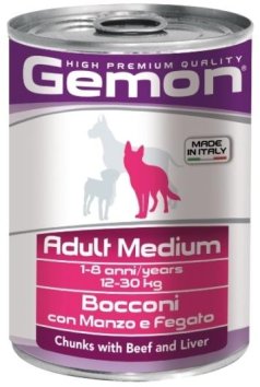 Gemon - Консервы для собак средних пород, кусочки говядины с печенью 415 г