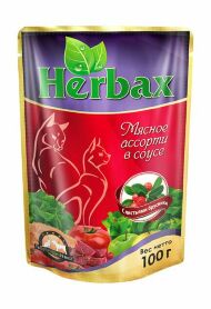 Herbax - консервы для кошек, Мясное ассорти с листьями брусники в соусе, 100гр.