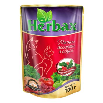 Herbax - консервы для кошек, Мясное ассорти с листьями брусники в соусе, 100гр.