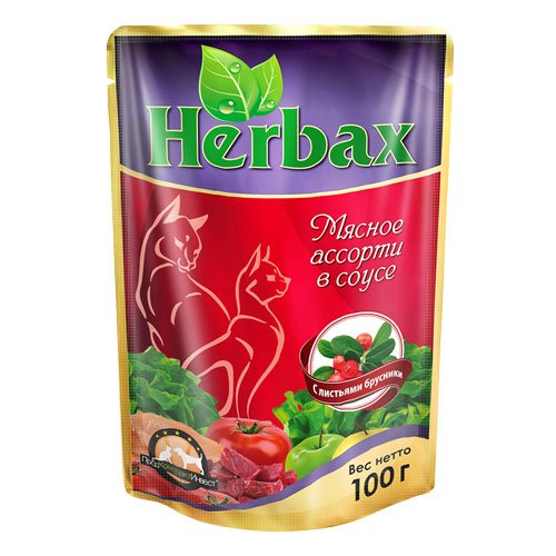 Herbax - консервы для кошек, Мясное ассорти с листьями брусники в соусе, 100гр.