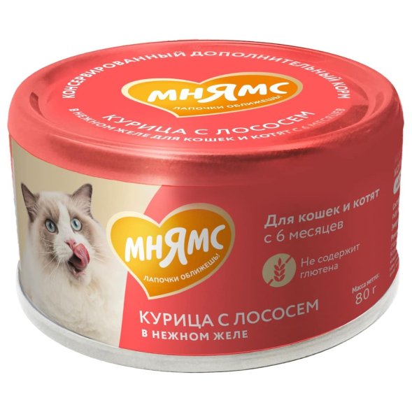 Мнямс - Влажный дополнительный корм для кошек и котят старше 6 месяцев, курица с лососем в нежном желе 80 г