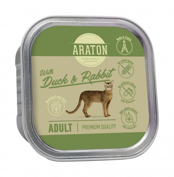 Araton - Консервы безглютеновые консервы для взрослых кошек, с уткой и кроликом 85г