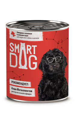 Smart Dog - Консервы для взрослых собак и щенков, кусочки говядины с печенью в нежном соусе, 850гр Smart Dog - Консервы для взрослых собак и щенков, кусочки говядины с печенью в нежном соусе, 850гр