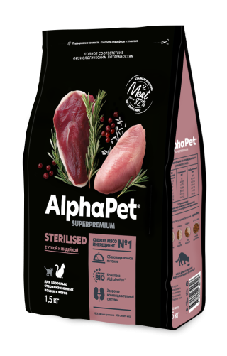 AlphaPet СуперПремиум - Сухой корм для взрослых стерилизованных котов и кошек, с Уткой и Индейкой