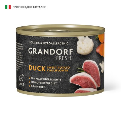 Grandorf Fresh - Консервы для собак, паштет из утки с бататом и цветной капустой 200гр Grandorf Fresh - Консервы для собак, паштет из утки с бататом и цветной капустой 200гр