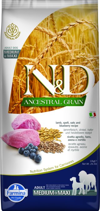 Farmina Ancestral Grain - Корм для взрослых собак средних и крупных пород, Ягненок с Черникой и Спельтой