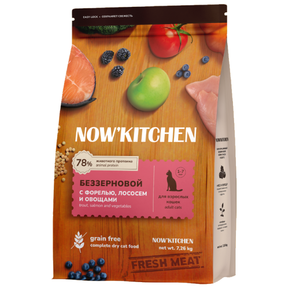 Now&amp;#039;Kitchen - Беззерновой корм для взрослых кошек со свежей форелью, лососем и овощами (Adult)