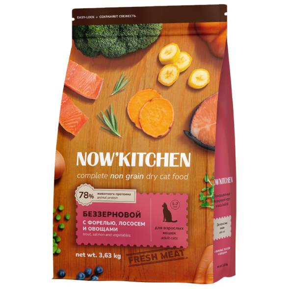 Now&amp;#039;Kitchen - Беззерновой корм для взрослых кошек со свежей форелью, лососем и овощами (Adult)