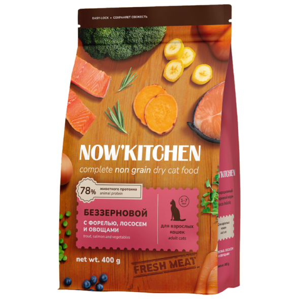Now&amp;#039;Kitchen - Беззерновой корм для взрослых кошек со свежей форелью, лососем и овощами (Adult)