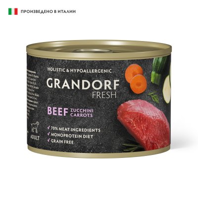 Grandorf Fresh - Консервы для собак, паштет из говядины с цукини и морковью 200гр Grandorf Fresh - Консервы для собак, паштет из говядины с цукини и морковью 200гр