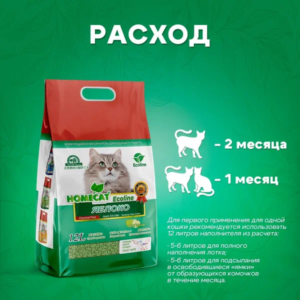 Homecat - Комкующийся наполнитель для кошачьих туалетов с ароматом яблока (Ecoline)