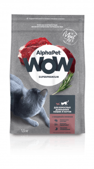 AlphaPet Wow- Сухой корм для взрослых кошек, с Говядиной и Печенью
