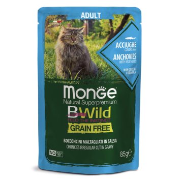 Monge Cat BWild Grain Free - паучи из анчоусов с овощами для взрослых кошек 85г