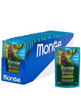 Monge Cat BWild Grain Free - паучи из анчоусов с овощами для взрослых кошек 85г