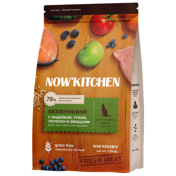 Now&amp;#039;Kitchen - Беззерновой корм для кошек старше 7 лет со свежей индейкой, уткой, лососем, (Senior)