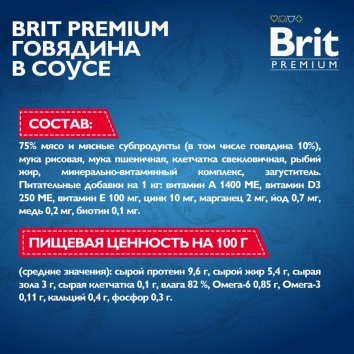 Brit - Пауч для взрослых собак всех пород, С Говядиной, в соусе, 85 гр