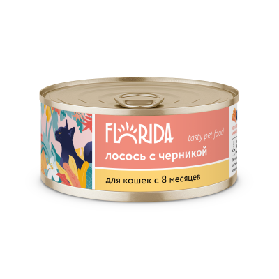 Florida - Консервы для кошек, Лосось с Черникой, 100 гр Florida - Консервы для кошек, Лосось с Черникой, 100 гр