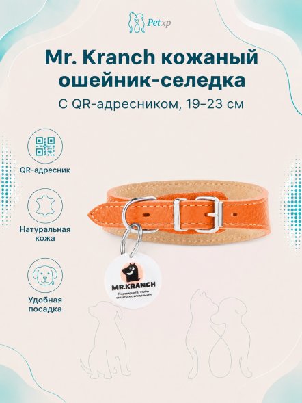 Mr. Kranch - Ошейник-селедка - для собак из натуральной кожи с QR-адресником, 19-23 см