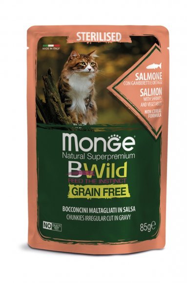 Monge Cat BWild Grain Free - паучи из лосося с креветками и овощами для стерилизованных кошек 85г