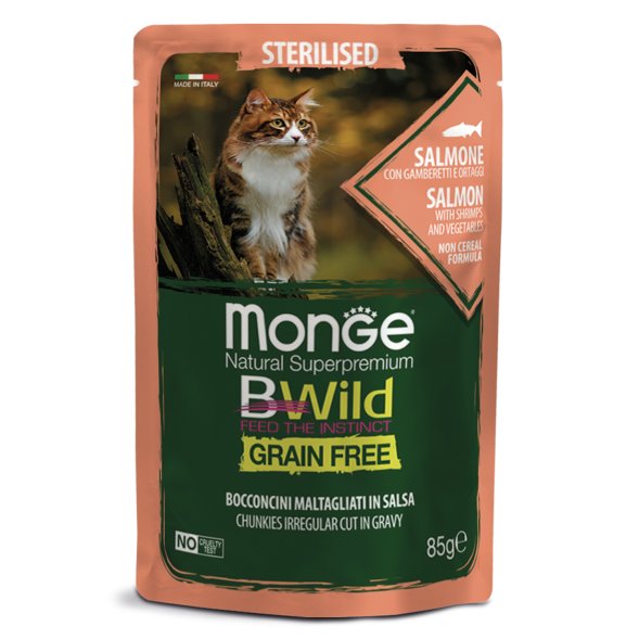 Monge Cat BWild Grain Free - паучи из лосося с креветками и овощами для стерилизованных кошек 85г