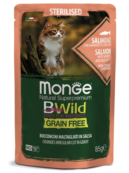 Monge Cat BWild Grain Free - паучи из лосося с креветками и овощами для стерилизованных кошек 85г