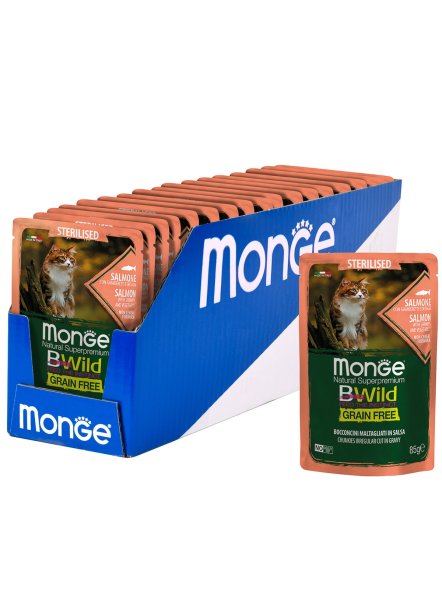 Monge Cat BWild Grain Free - паучи из лосося с креветками и овощами для стерилизованных кошек 85г