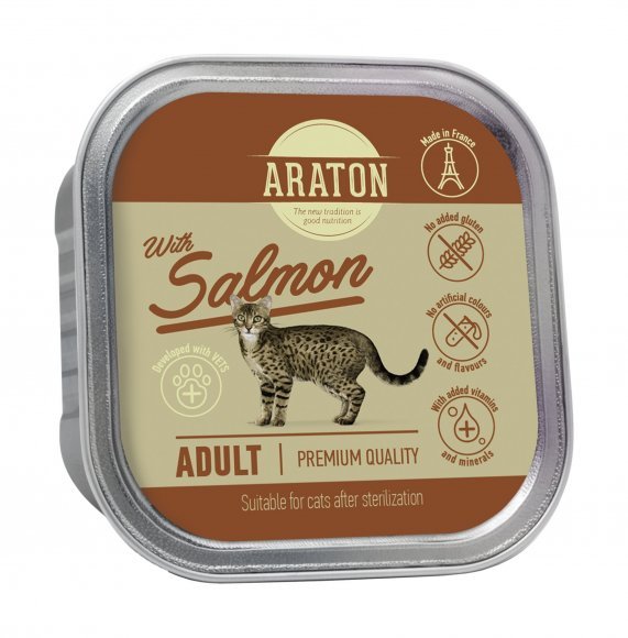 Araton - Консервы безглютеновые консервы для стерилизованных кошек, с лососем 85г