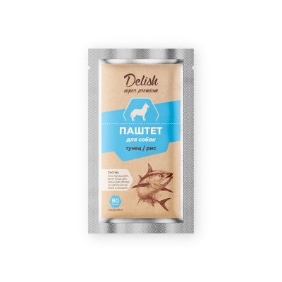 Delish - Супер-Премиум - Пауч для взрослых собак, паштет с тунцом и рисом, 80гр Delish - Супер-Премиум - Пауч для взрослых собак, паштет с тунцом и рисом, 80гр