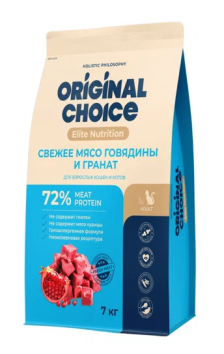 Original Choice - Полнорационный сухой корм для взрослых кошек и котов с мясом говядины и гранатом