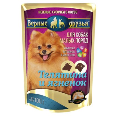 Верные друзья - Пауч для взрослых собак малых пород, Телятина и ягненок, нежные кусочки в соусе, 100г
