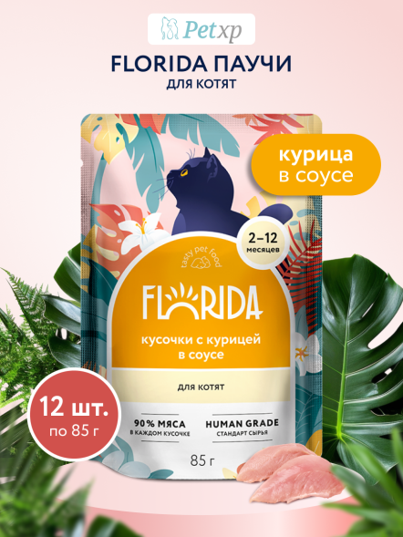 Florida - Паучи для котят, Кусочки с Курицей в соусе, 85 гр