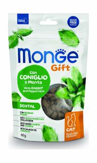 Monge Gift Dental - Лакомство для кошек "Хрустящие подушечки с начинкой" с кроликом и перечной мятой для чистки зубов 60 г